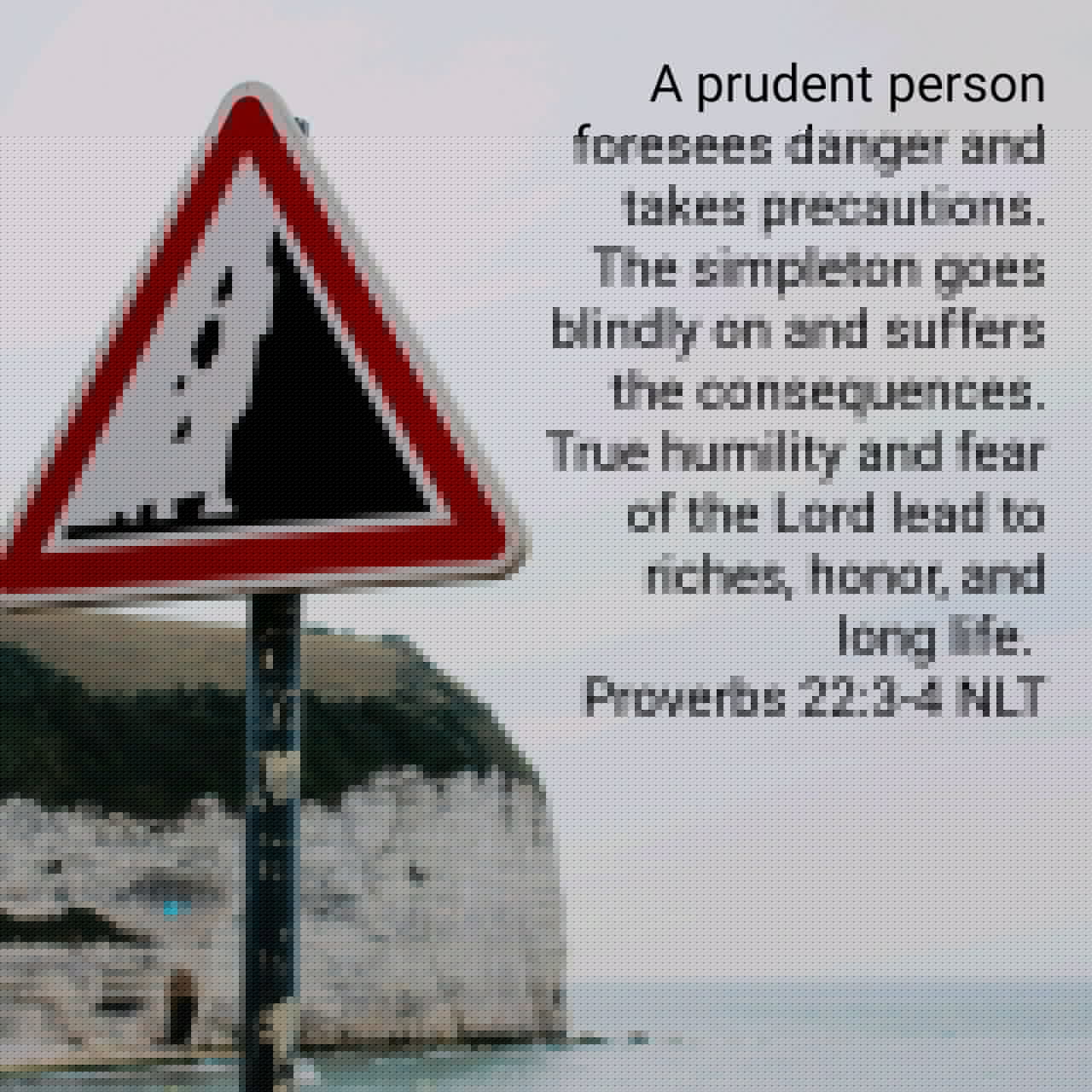 A prudent person foresees danger and takes precautions. The simpleton goes blindly on and suffers the consequences. True humility and fear of the Lord lead to riches, honor, and long life. - Proverbs 22:3‭-‬4 NLT