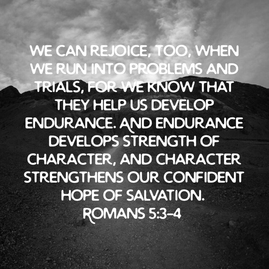 We can rejoice, too, when we run into problems and trials, for we know that they help us develop endurance. And endurance develops strength of character, and character strengthens our confident hope of salvation. - Romans 5:3‭-‬4 NLT