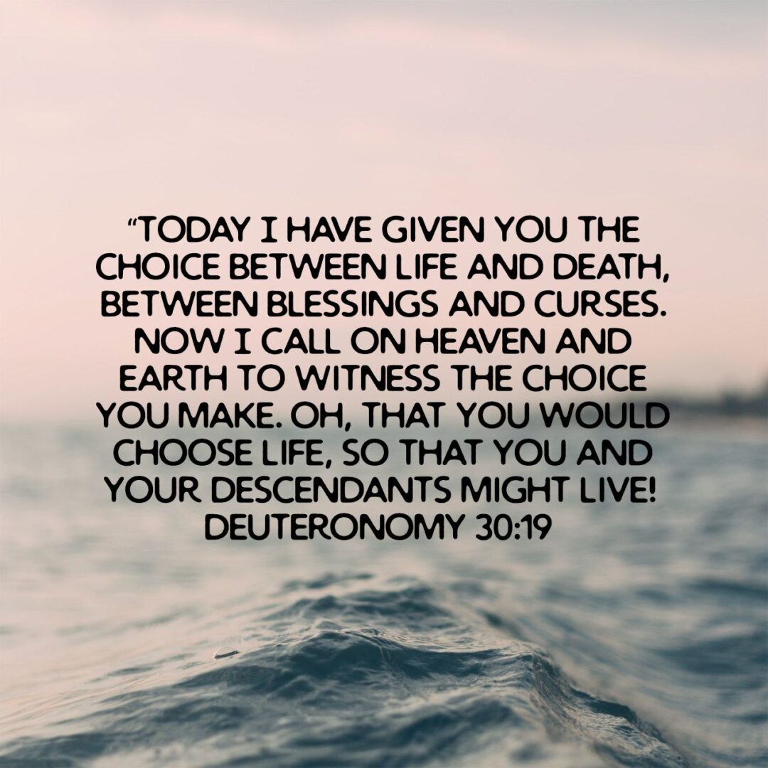 “Today I have given you the choice between life and death, between blessings and curses. Now I call on heaven and earth to witness the choice you make. Oh, that you would choose life, so that you and your descendants might live! - Deuteronomy 30:19 NLT