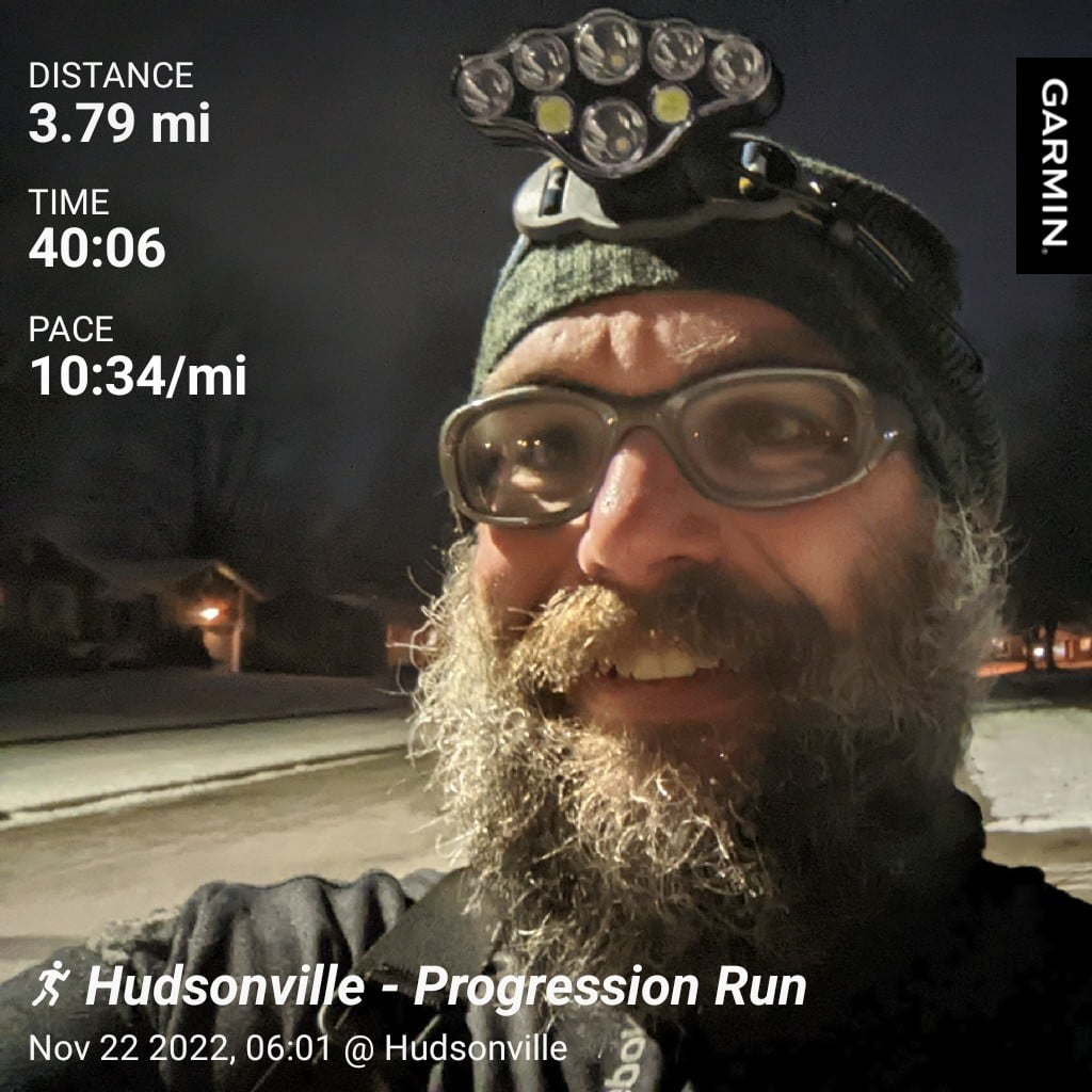 Distance: 3.79 miles, Time: 40:06, Pace: 10:34 min/mile | Hudsonville - Progressive Run