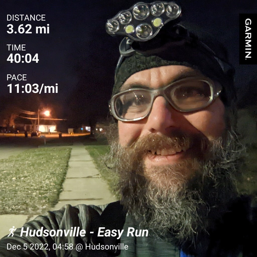 Distance: 3.62 miles, Time: 40:04, Pace: 11:03 min/mile | Hudsonville - Easy Run / Early morning neighborhood street with street light.