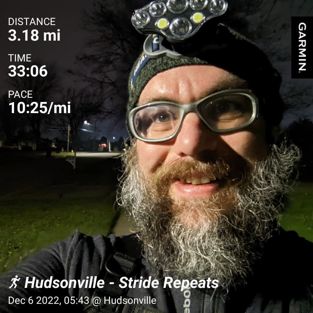 Distance: 3.18 miles, Time: 33:06, Pace: 10:25 min/mile | Hudsonville - Stride Repeats / A Dark Early Tuesday Morning After a Speed Run