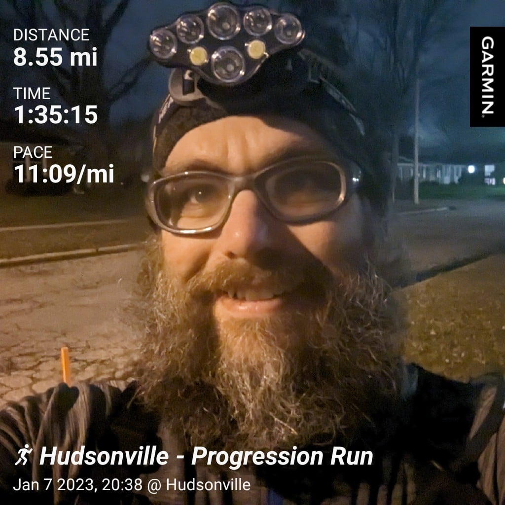 Distance: 8.55 miles, Time: 1:35:15, Pace: 11:09 min/mile | Hudsonville - Progression Run / Late evening selfie in the neighborhood with street lights shining in the background.