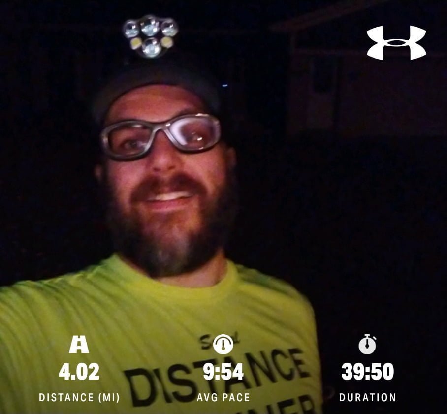 Run finish shot in my Social Distance Runner shirt. Run Stats: Distance 4.04 miles/Average Pace 9:54 minutes per mile/Duration 39:50 minutes