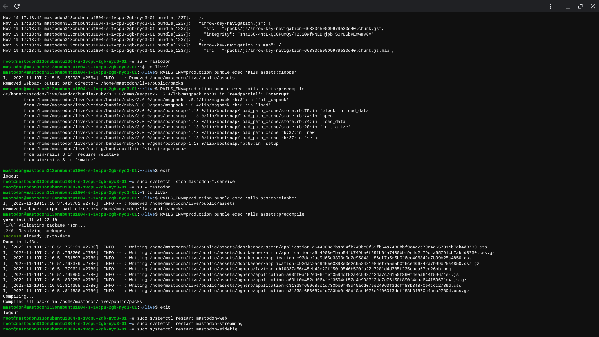 Terminal with Mastodon upgrade commands.